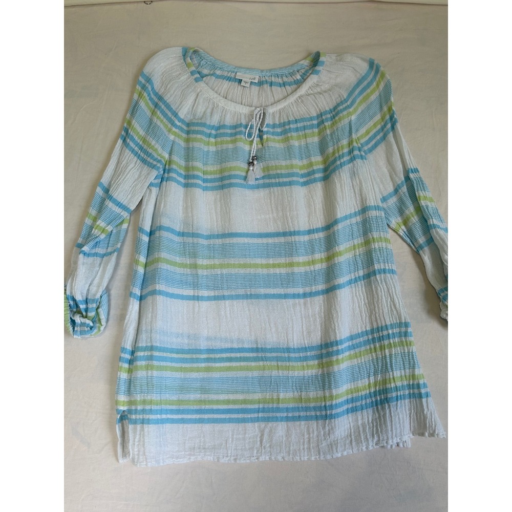 J. Jill Womens Blue Green Striped Cotton Gauze Tunic Top Tassel Tie Small